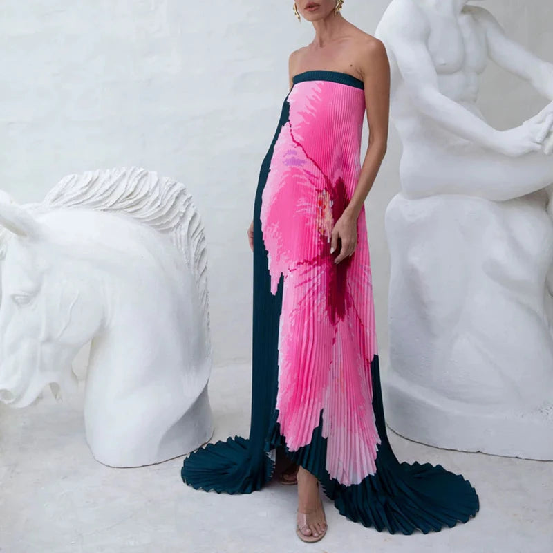 Long strapless Pleated Dress With Floral Print