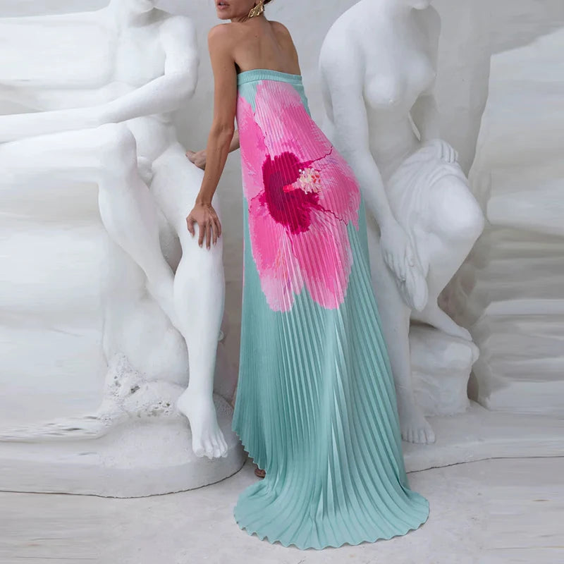 Long strapless Pleated Dress With Floral Print