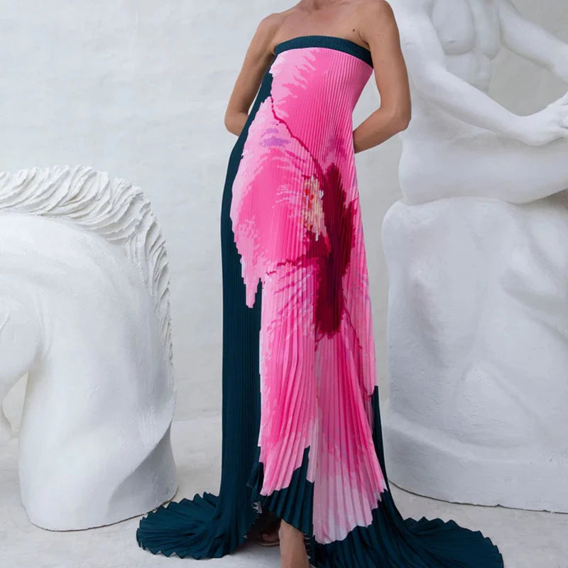 Long strapless Pleated Dress With Floral Print