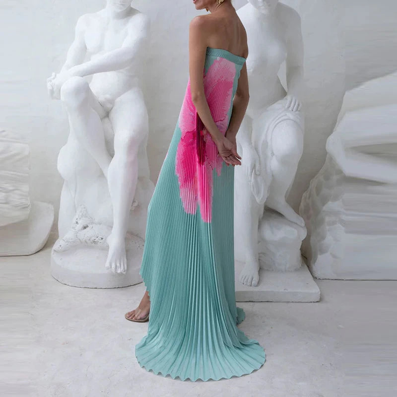 Long strapless Pleated Dress With Floral Print