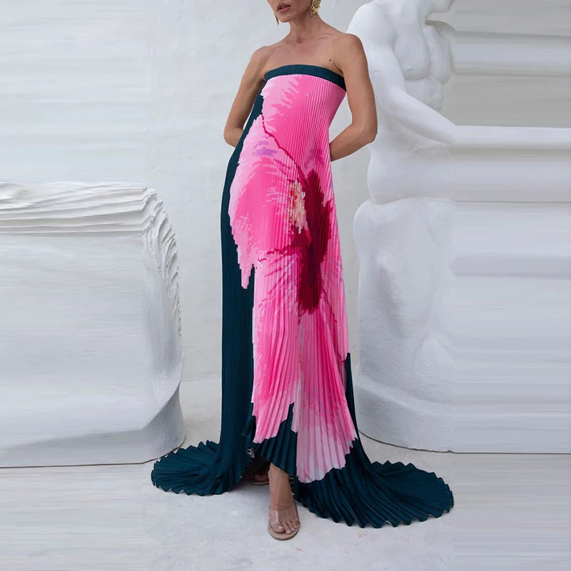 Long strapless Pleated Dress With Floral Print