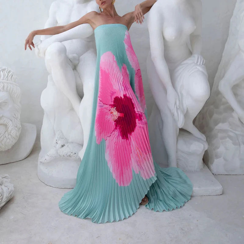 Long strapless Pleated Dress With Floral Print